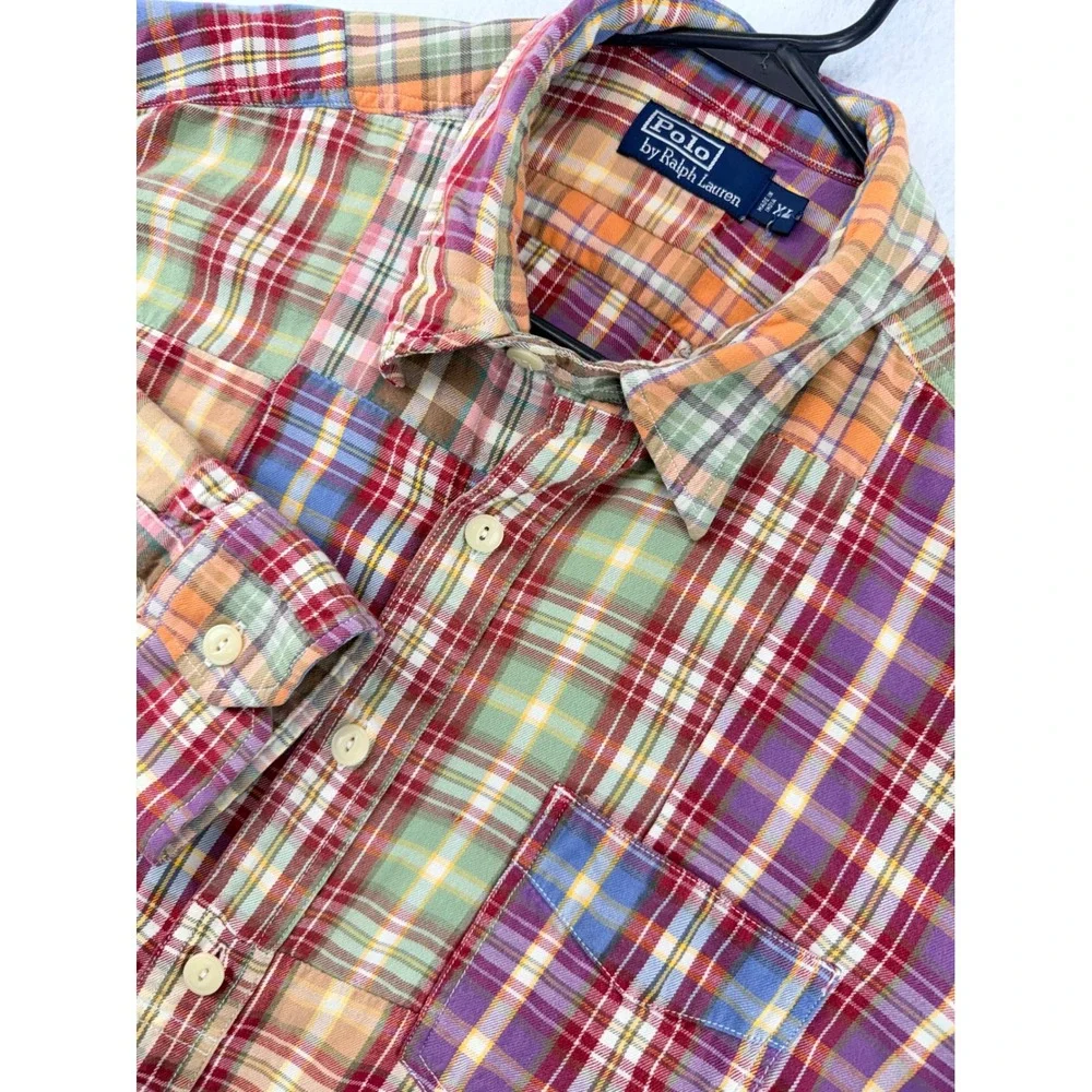 Polo Ralph Lauren Patchwork Madras Plaid Shirt Men XL Long Sleeve Multicolor